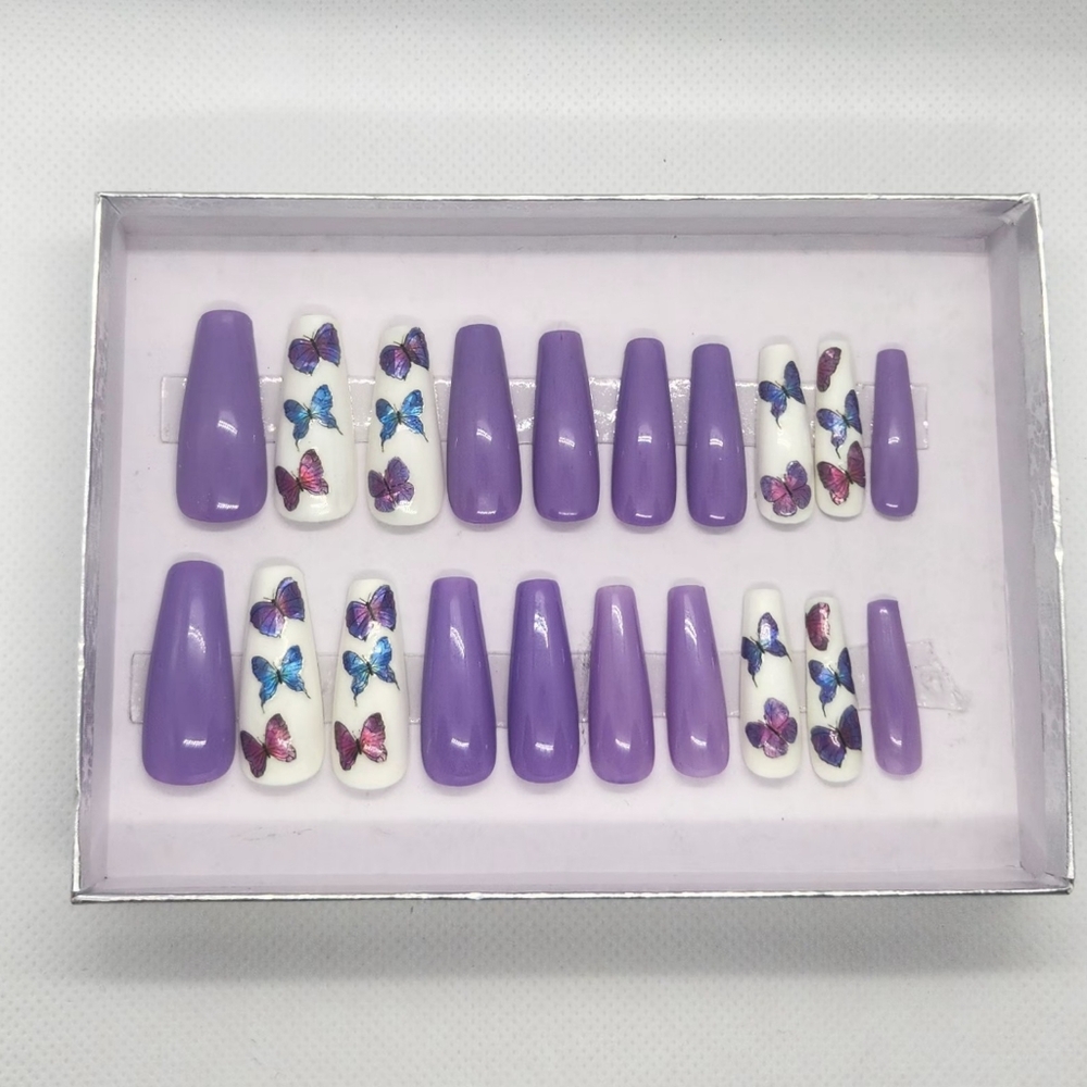 Purple and White Butterfly Press On Nail Set